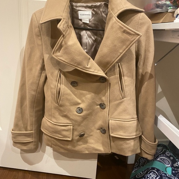 Club Monaco / tan khaki wool double breasted crop pea coat XS - Picture 2 of 5